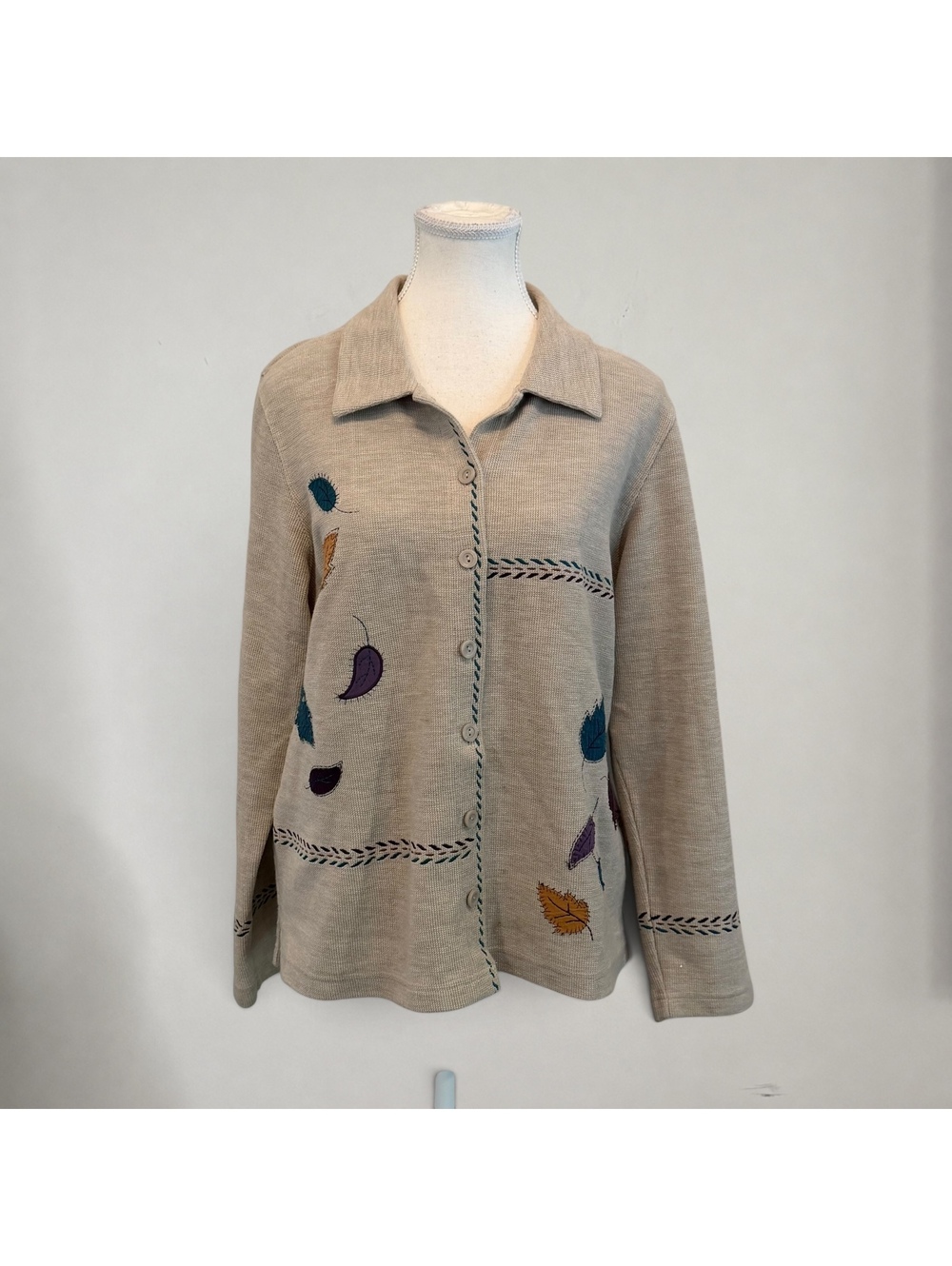 Vintage 90s Leaf Applique Cardigan Jacket Beige Folk Art Embroidered